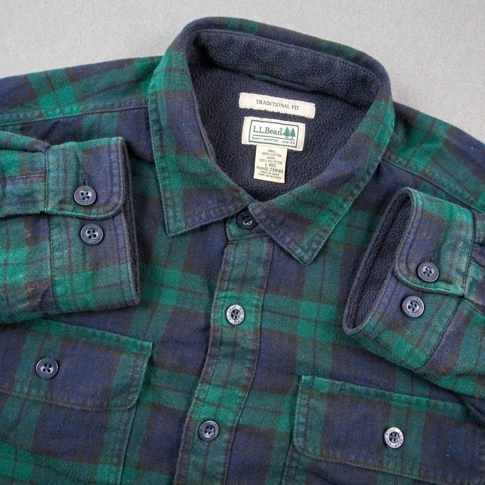Vintage LL Bean Flannel Lined Shirt Jacket Plaid Green Men L Traditional Fit